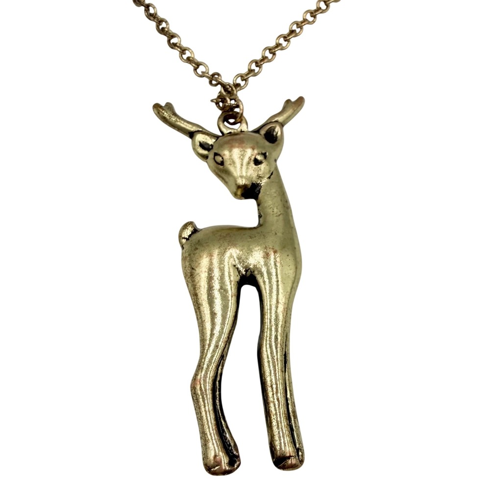 Deer Pendant Necklace Women Gold Tone Woodland Fawn Animal Charm Whimsical